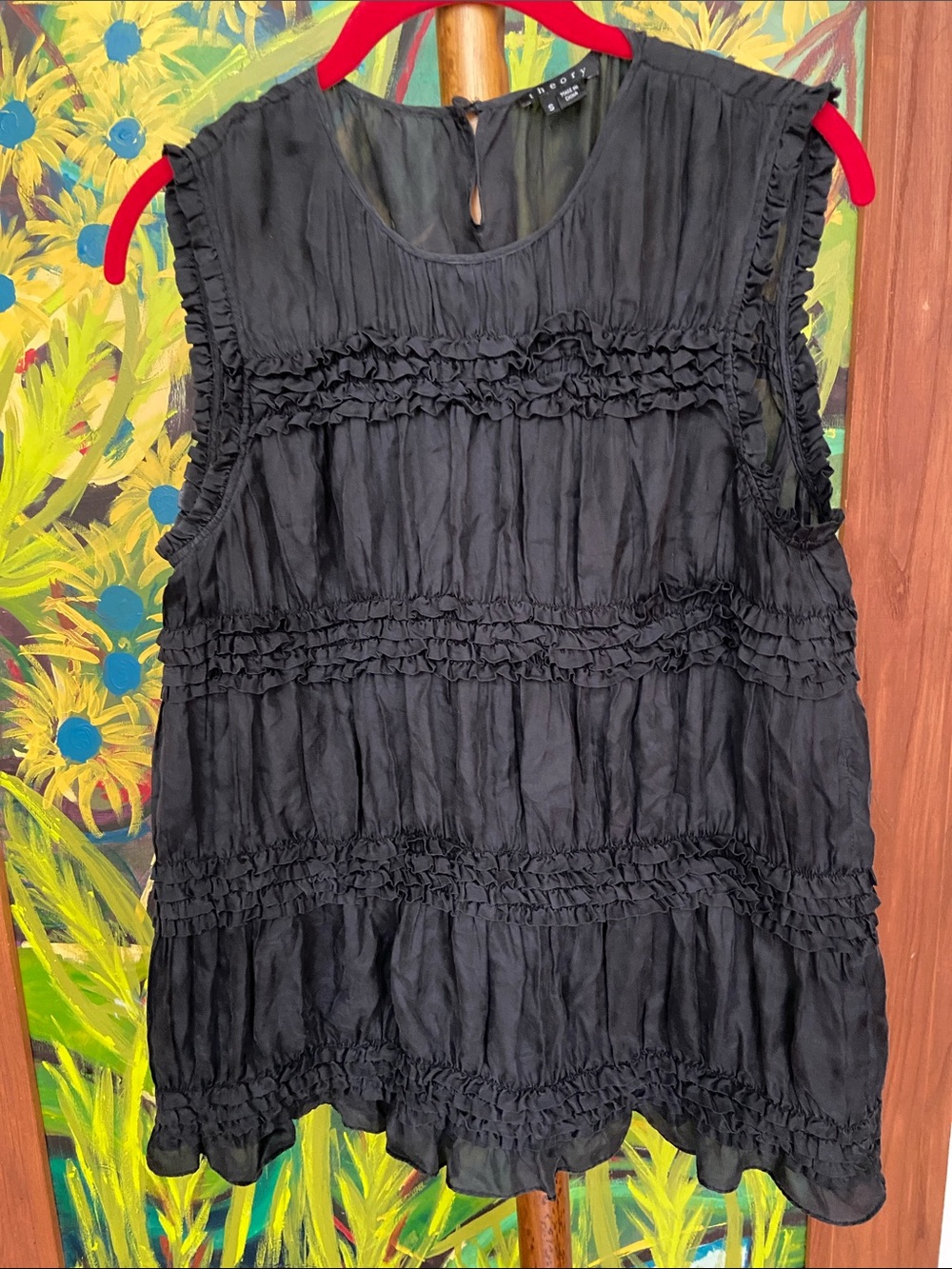 Theory 100% Silk Black Sleeveless Tiered Ruffle Top